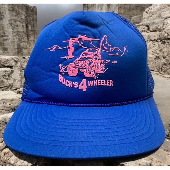 Vintage Trucker Hat Bucks 4 Wheeler Boise Idaho Blue Snapback 90s Hot Pink Jeep - Picture 1 of 10